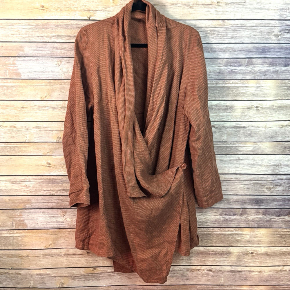 FLAX Womens Orange Gray Striped Long Sleeve Lagenlook Wrap Cardigan P/4-6